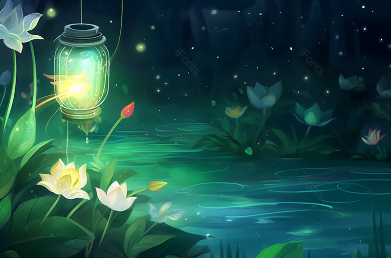 盛夏夜晚萤火虫围绕荷花绽放插画绿色背景,插画/手绘图,插画/手绘图库,插画/手绘图下载,插画/手绘